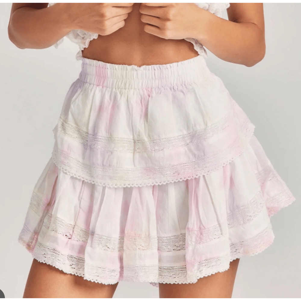 LoveShackFancy Ruffle Lace Trim Tie-Dye Mini Skirt Pastel Pink Purple Size M